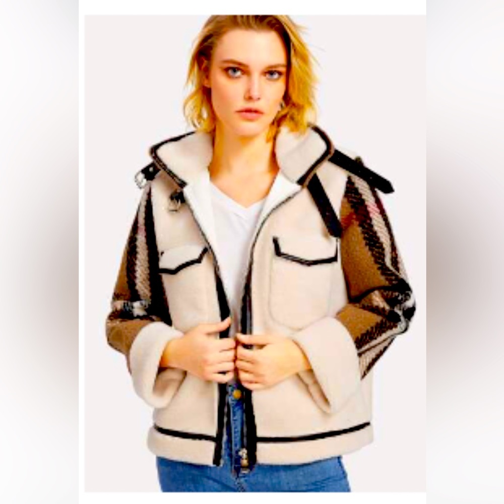 Contrast Plaid Tweed Sleeve Faux Shearling Jacket